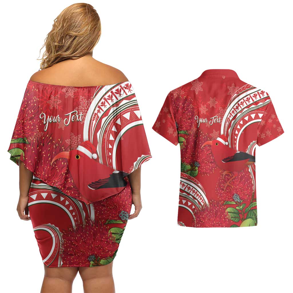 Personalized Mele Kalikimaka Hawaii Couples Matching Off Shoulder Short Dress and Hawaiian Shirt I'iwi Bird With Ohia Lehua - Red Color