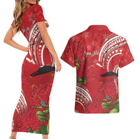 Personalized Mele Kalikimaka Hawaii Couples Matching Short Sleeve Bodycon Dress and Hawaiian Shirt I'iwi Bird With Ohia Lehua - Red Color