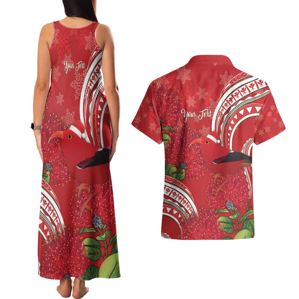 Personalized Mele Kalikimaka Hawaii Couples Matching Tank Maxi Dress and Hawaiian Shirt I'iwi Bird With Ohia Lehua - Red Color