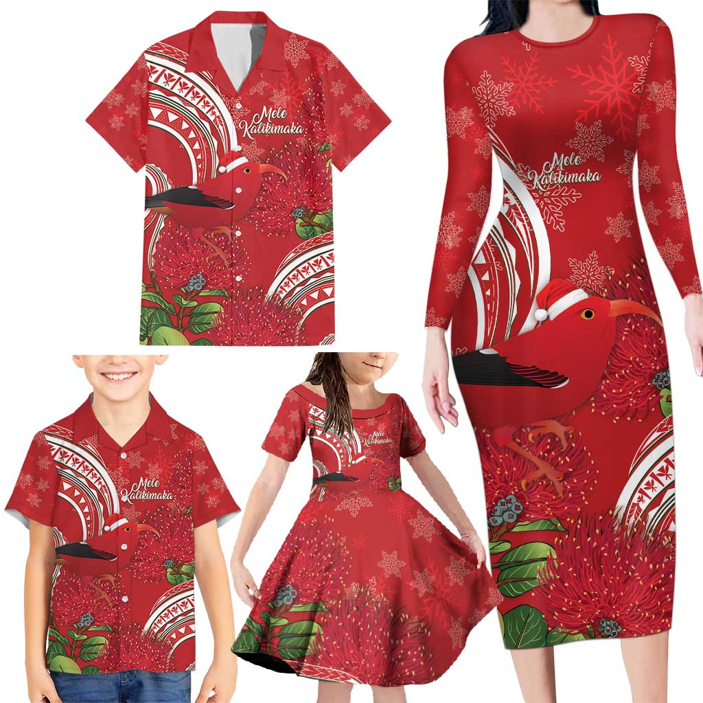 Personalized Mele Kalikimaka Hawaii Family Matching Long Sleeve Bodycon Dress and Hawaiian Shirt I'iwi Bird With Ohia Lehua - Red Color