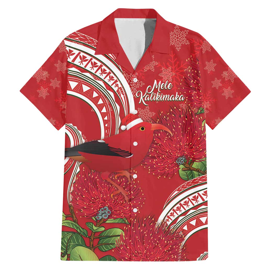 Personalized Mele Kalikimaka Hawaii Family Matching Mermaid Dress and Hawaiian Shirt I'iwi Bird With Ohia Lehua - Red Color