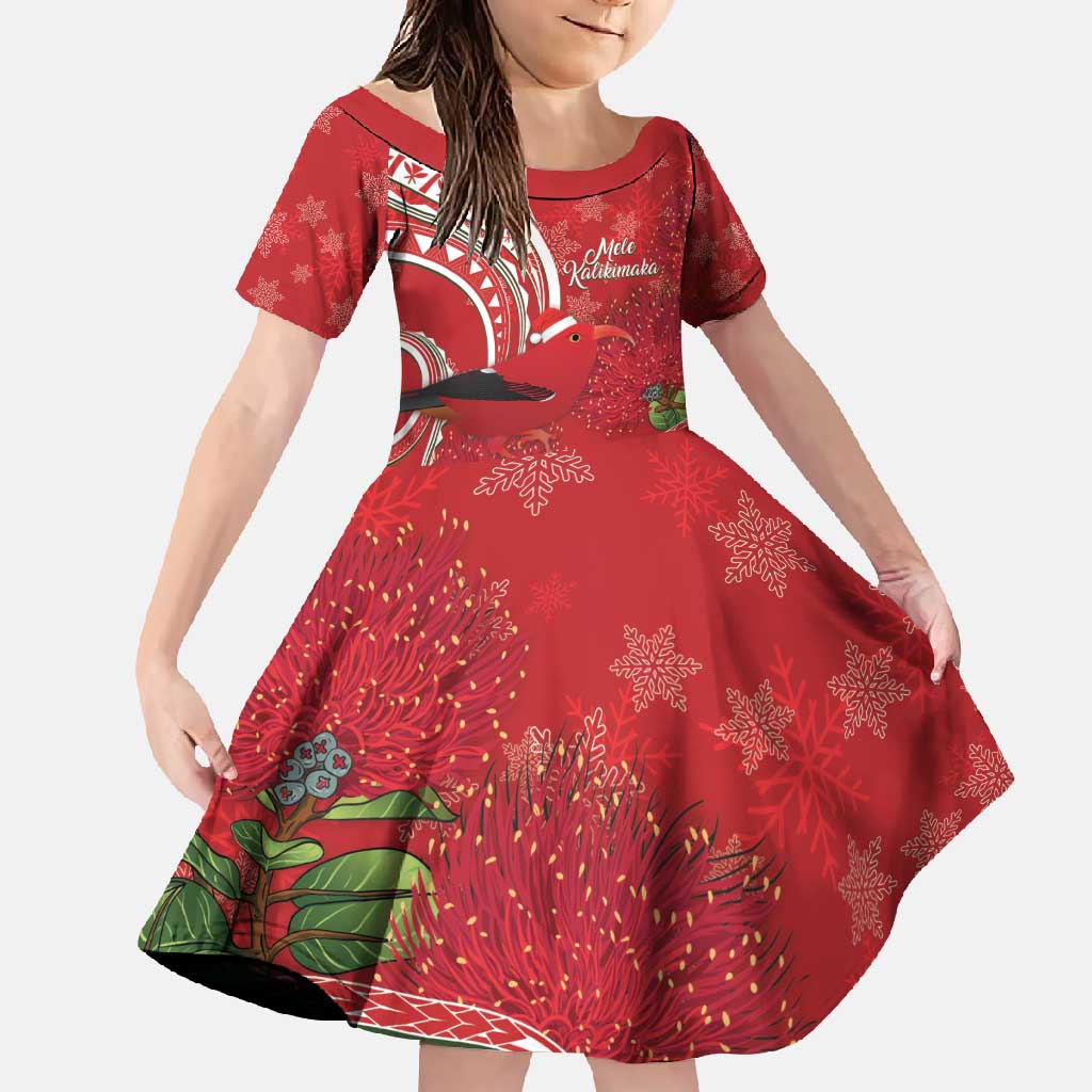 Personalized Mele Kalikimaka Hawaii Family Matching Off Shoulder Maxi Dress and Hawaiian Shirt I'iwi Bird With Ohia Lehua - Red Color LT14 Daughter's Dress Red - Polynesian Pride