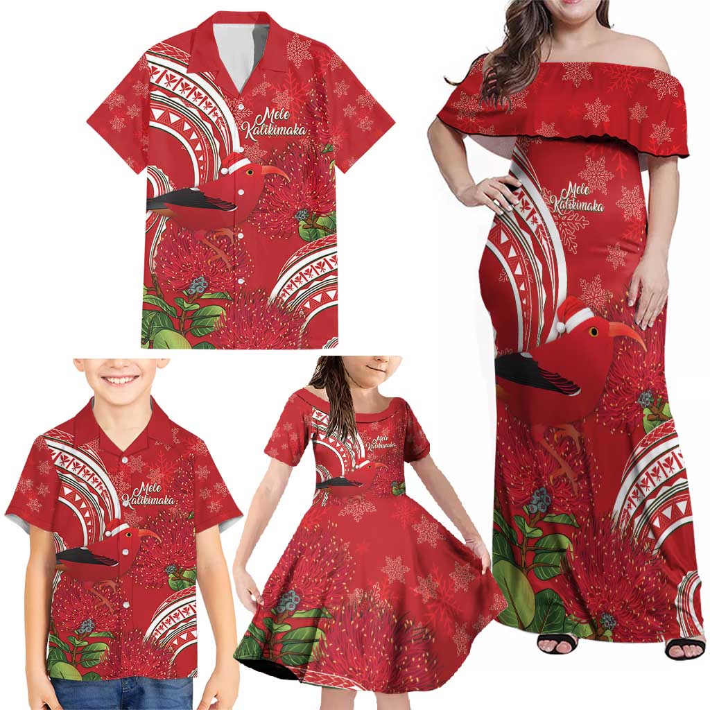 Personalized Mele Kalikimaka Hawaii Family Matching Off Shoulder Maxi Dress and Hawaiian Shirt I'iwi Bird With Ohia Lehua - Red Color LT14 - Polynesian Pride