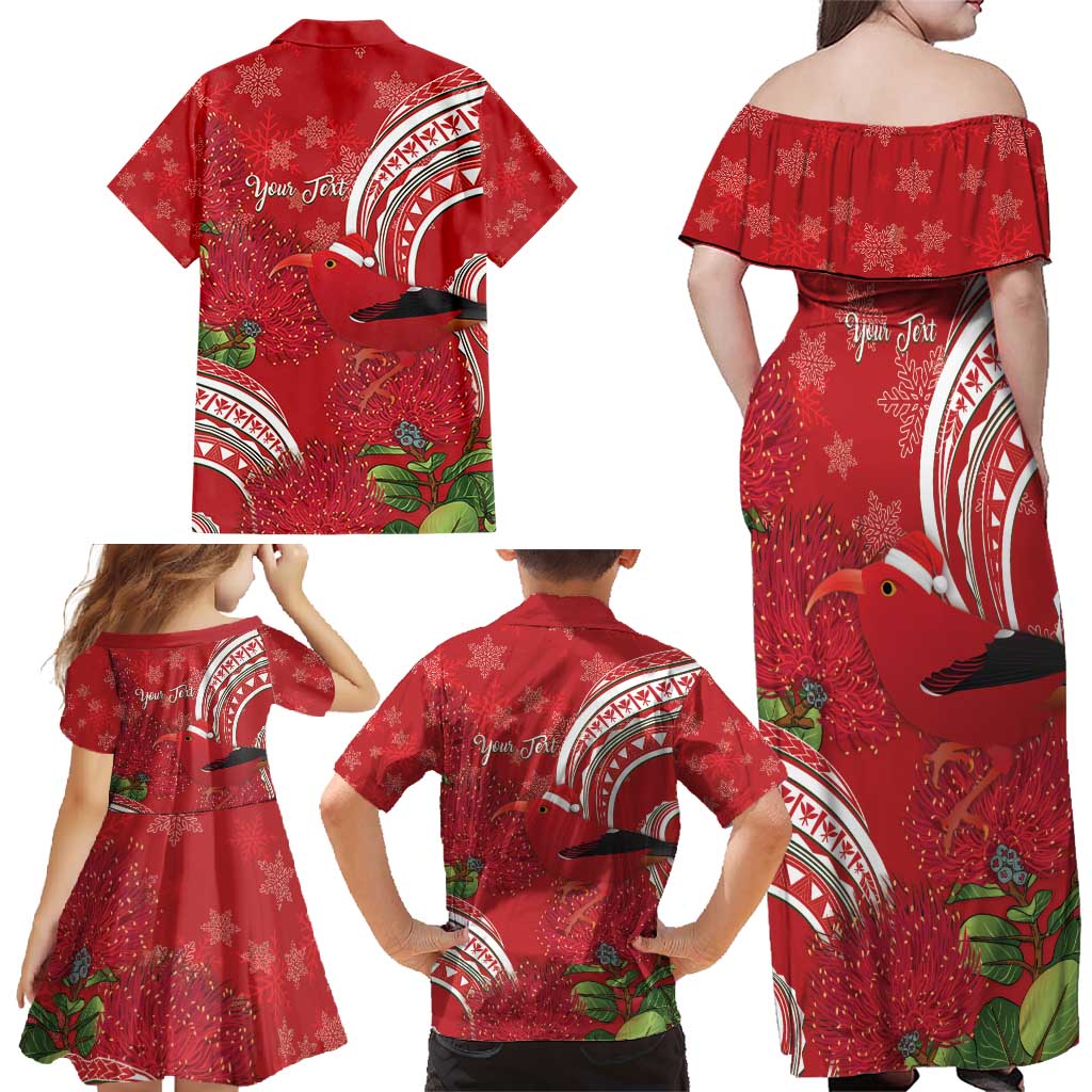 Personalized Mele Kalikimaka Hawaii Family Matching Off Shoulder Maxi Dress and Hawaiian Shirt I'iwi Bird With Ohia Lehua - Red Color LT14 - Polynesian Pride