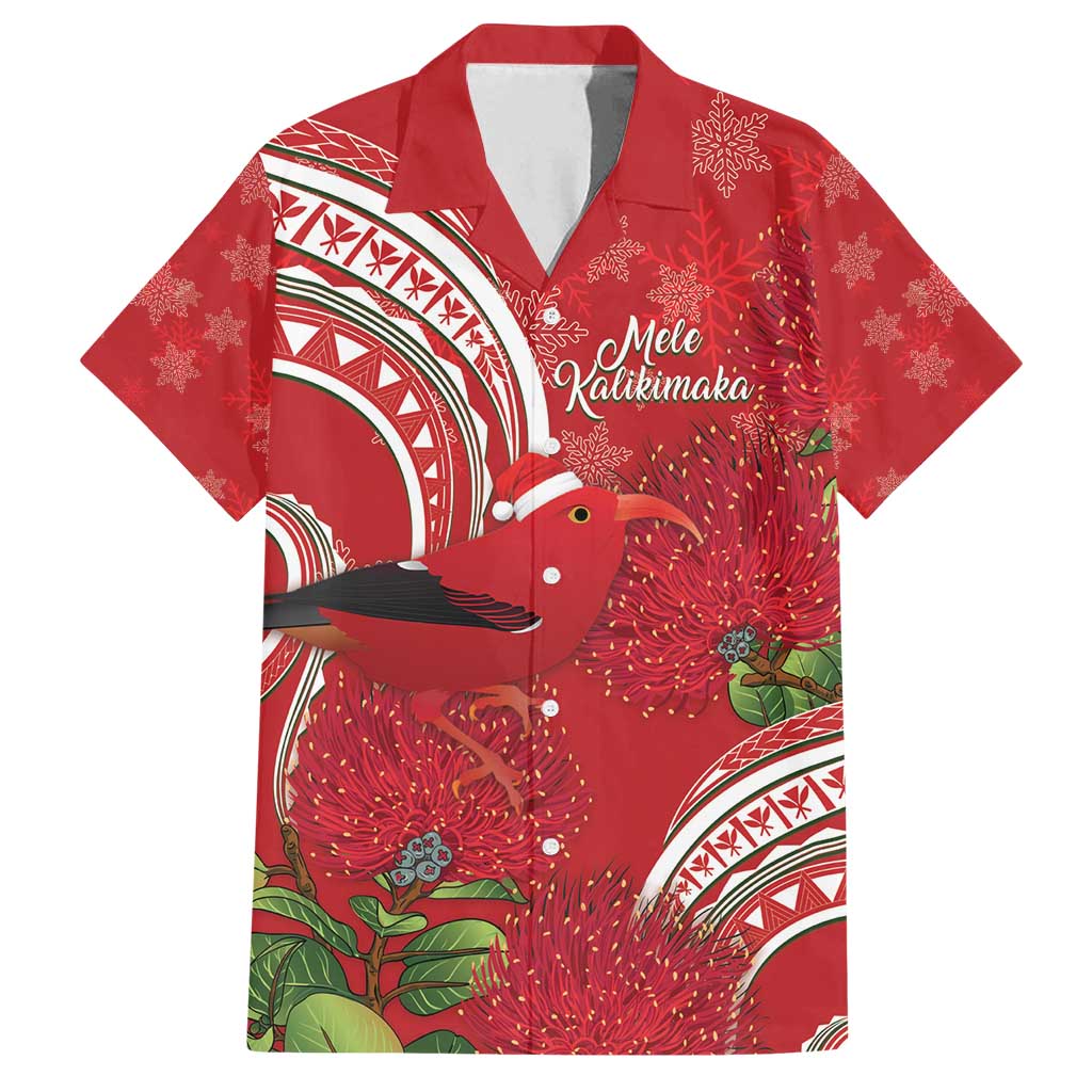 Personalized Mele Kalikimaka Hawaii Family Matching Off Shoulder Maxi Dress and Hawaiian Shirt I'iwi Bird With Ohia Lehua - Red Color LT14 Dad's Shirt - Short Sleeve Red - Polynesian Pride
