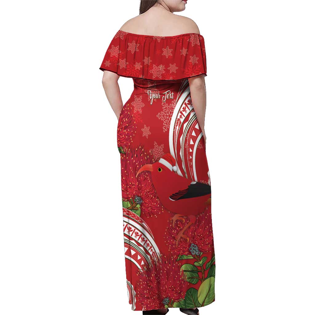 Personalized Mele Kalikimaka Hawaii Family Matching Off Shoulder Maxi Dress and Hawaiian Shirt I'iwi Bird With Ohia Lehua - Red Color LT14 - Polynesian Pride