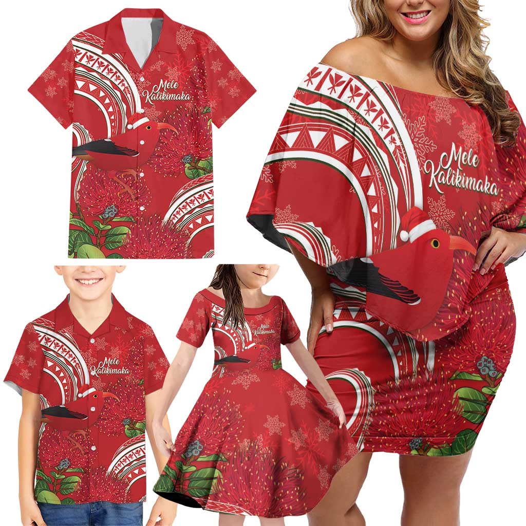 Personalized Mele Kalikimaka Hawaii Family Matching Off Shoulder Short Dress and Hawaiian Shirt I'iwi Bird With Ohia Lehua - Red Color LT14 - Polynesian Pride