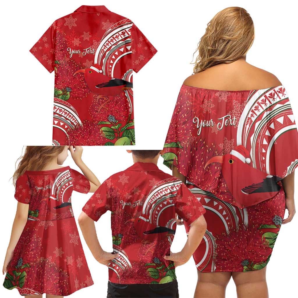 Personalized Mele Kalikimaka Hawaii Family Matching Off Shoulder Short Dress and Hawaiian Shirt I'iwi Bird With Ohia Lehua - Red Color LT14 - Polynesian Pride