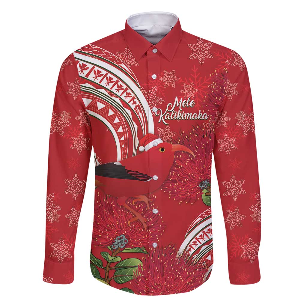 Personalized Mele Kalikimaka Hawaii Family Matching Off Shoulder Short Dress and Hawaiian Shirt I'iwi Bird With Ohia Lehua - Red Color LT14 Dad's Shirt - Long Sleeve Red - Polynesian Pride