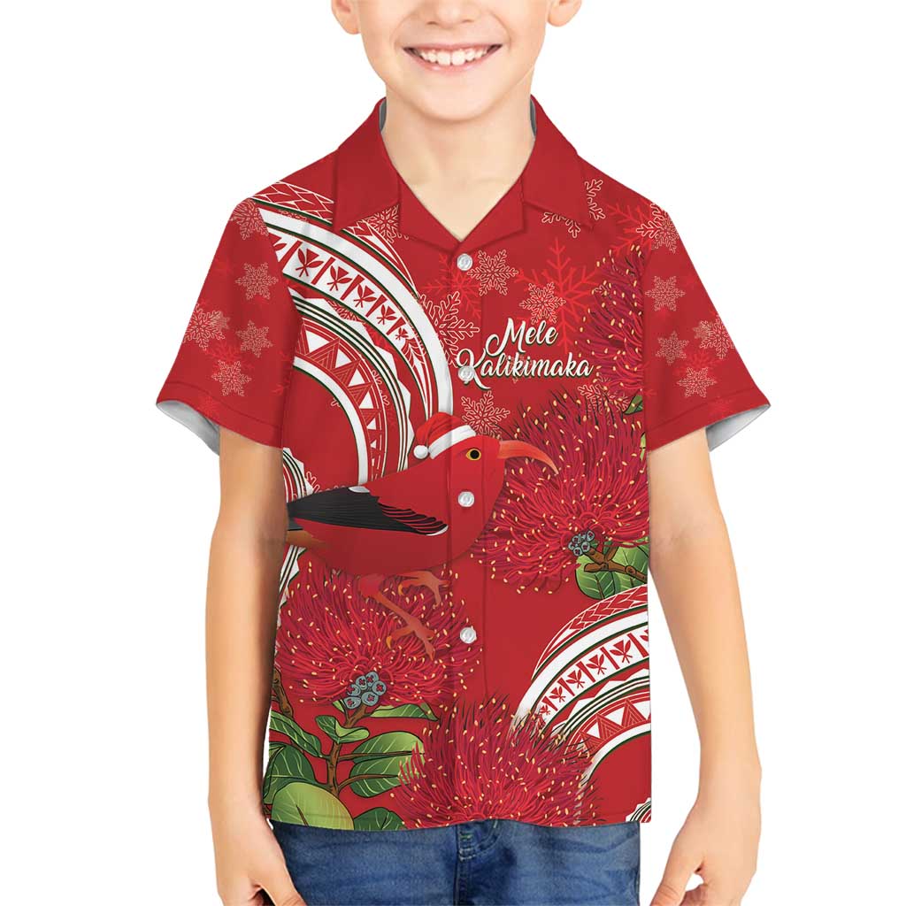 Personalized Mele Kalikimaka Hawaii Family Matching Off Shoulder Short Dress and Hawaiian Shirt I'iwi Bird With Ohia Lehua - Red Color LT14 Son's Shirt Red - Polynesian Pride