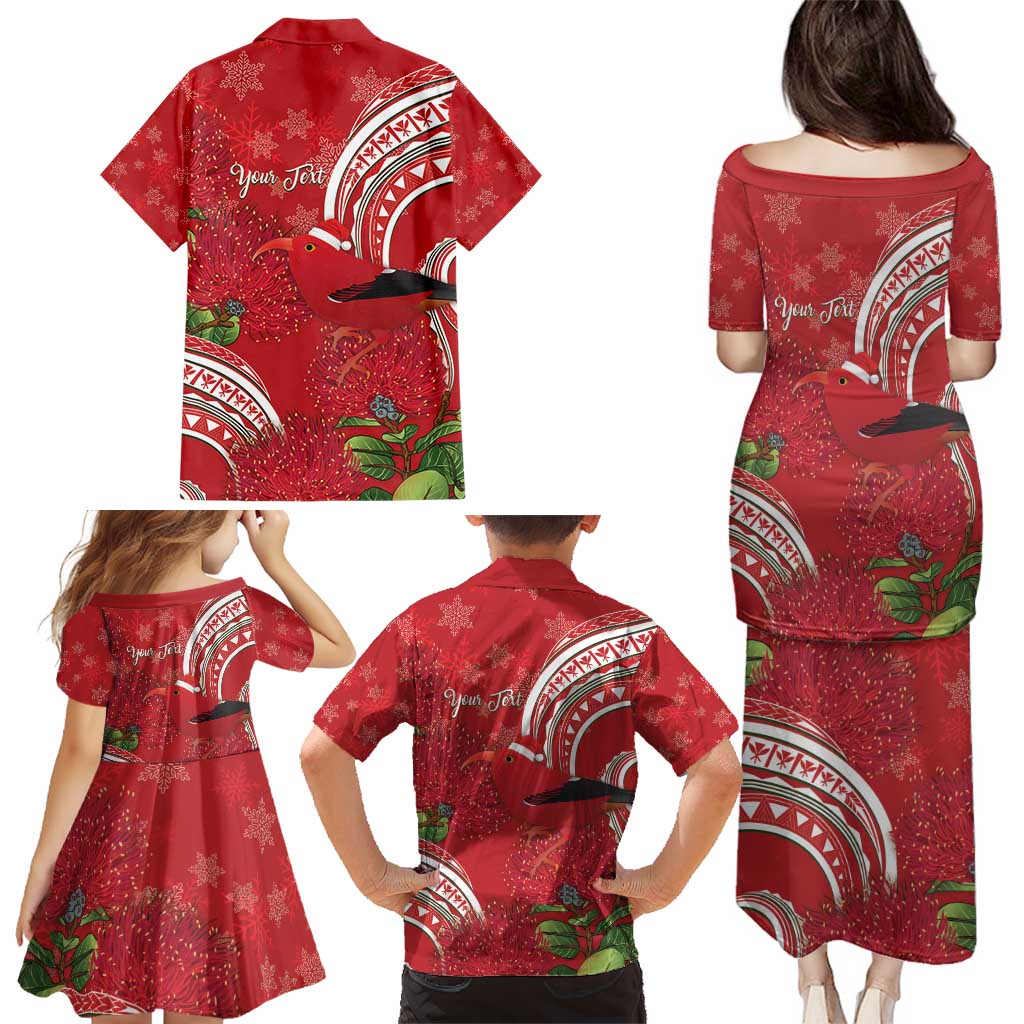 Personalized Mele Kalikimaka Hawaii Family Matching Puletasi and Hawaiian Shirt I'iwi Bird With Ohia Lehua - Red Color