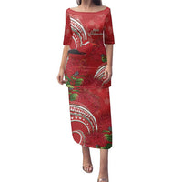 Personalized Mele Kalikimaka Hawaii Family Matching Puletasi and Hawaiian Shirt I'iwi Bird With Ohia Lehua - Red Color