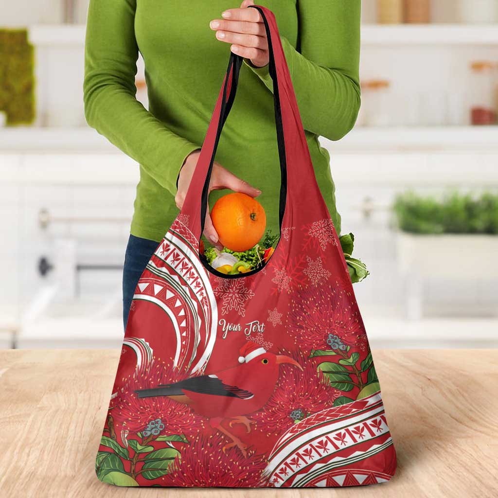 Personalized Mele Kalikimaka Hawaii Grocery Bag I'iwi Bird With Ohia Lehua - Red Color