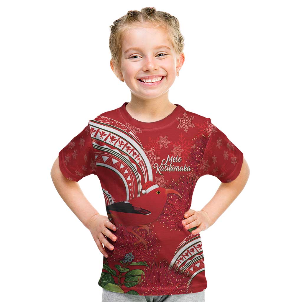 Personalized Mele Kalikimaka Hawaii Kid T Shirt I'iwi Bird With Ohia Lehua - Red Color LT14 Red - Polynesian Pride