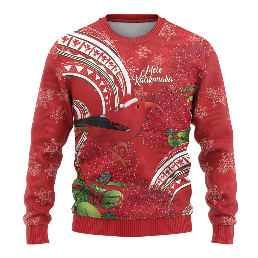 Personalized Mele Kalikimaka Hawaii Ugly Christmas Sweater I'iwi Bird With Ohia Lehua - Red Color