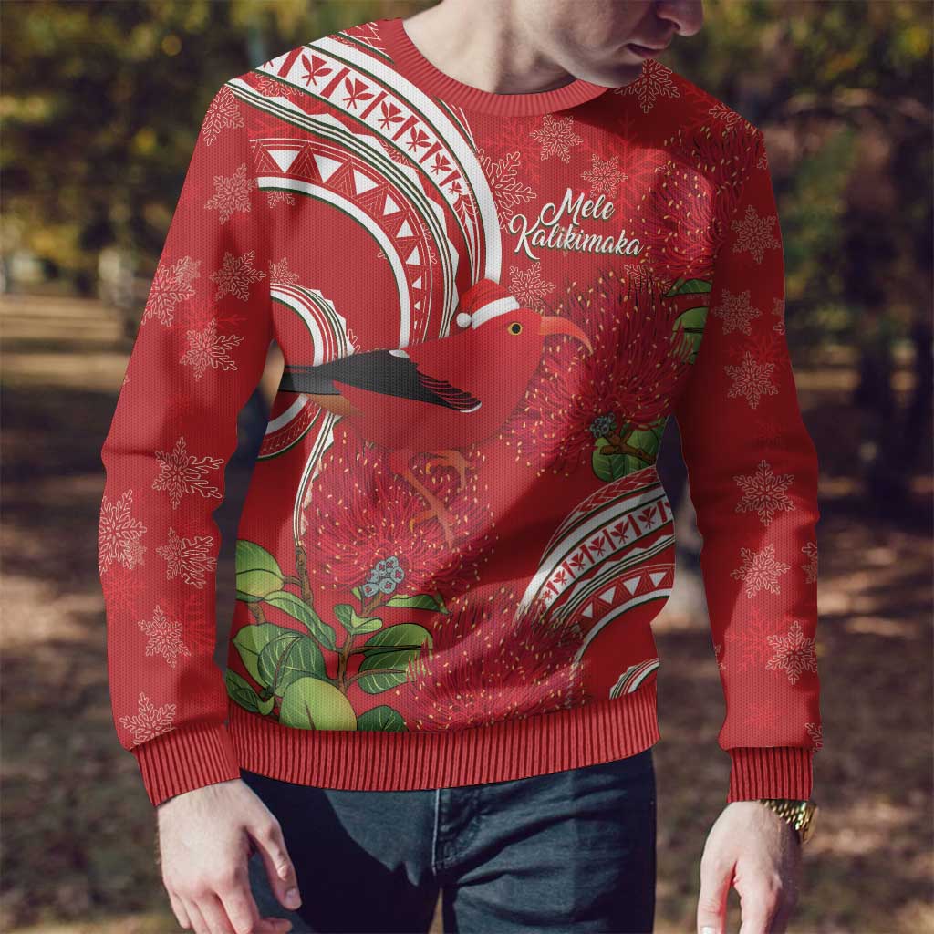 Personalized Mele Kalikimaka Hawaii Ugly Christmas Sweater I'iwi Bird With Ohia Lehua - Red Color