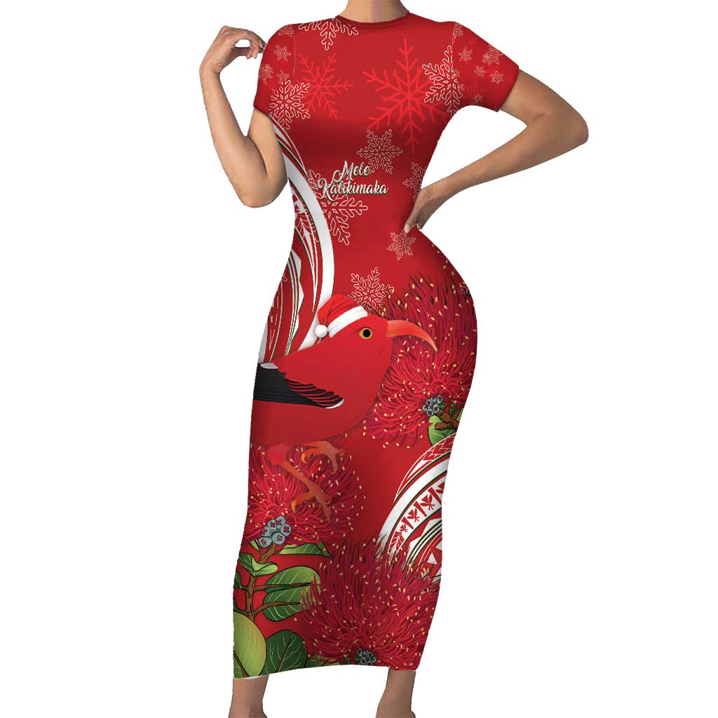 Personalized Mele Kalikimaka Hawaii Short Sleeve Bodycon Dress I'iwi Bird With Ohia Lehua - Red Color