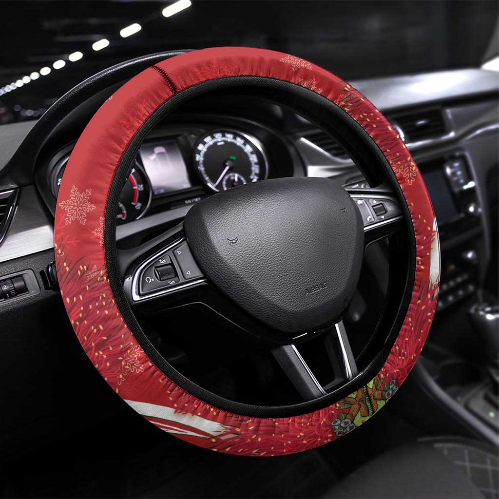 Mele Kalikimaka Hawaii Steering Wheel Cover I'iwi Bird With Ohia Lehua - Red Color