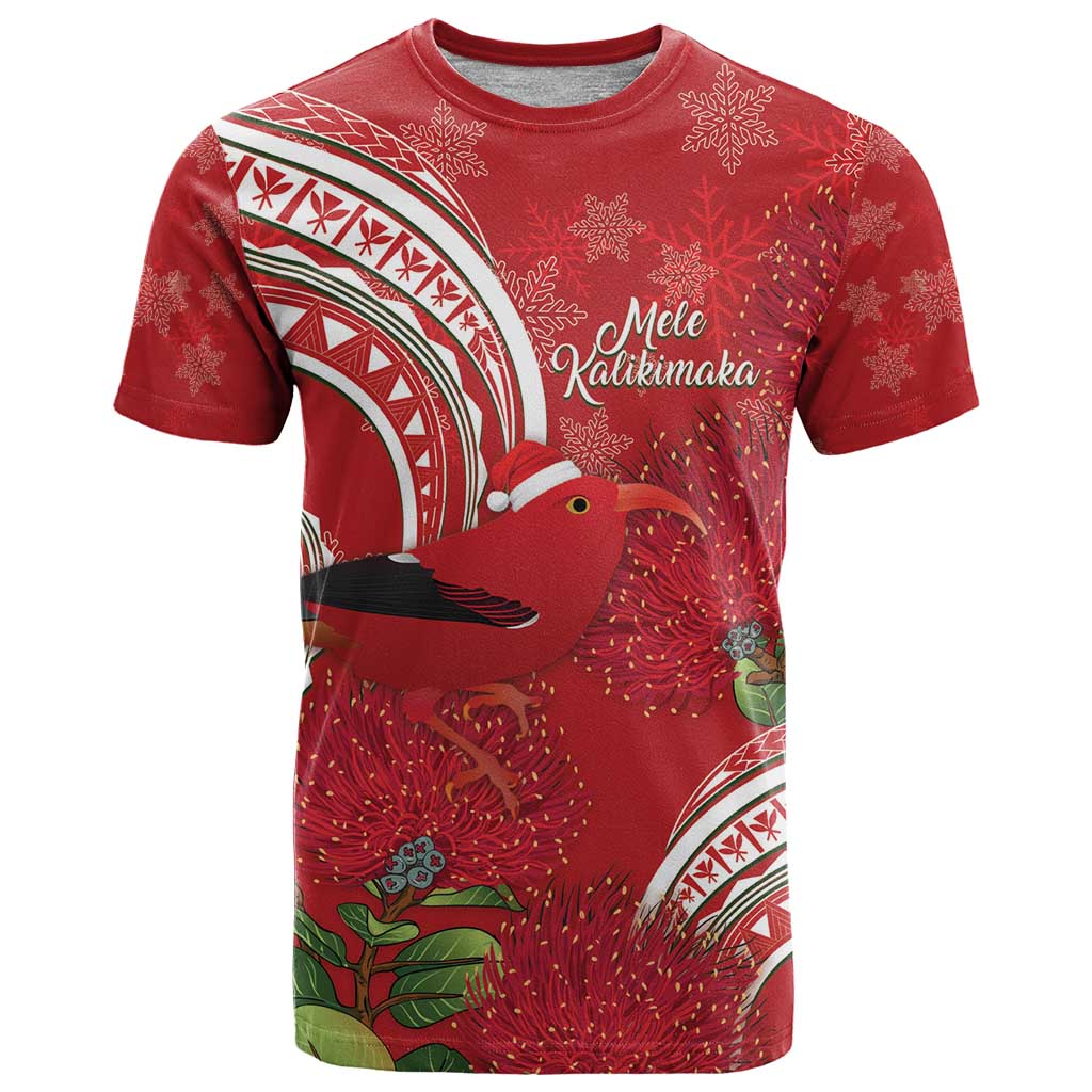 Personalized Mele Kalikimaka Hawaii T Shirt I'iwi Bird With Ohia Lehua - Red Color