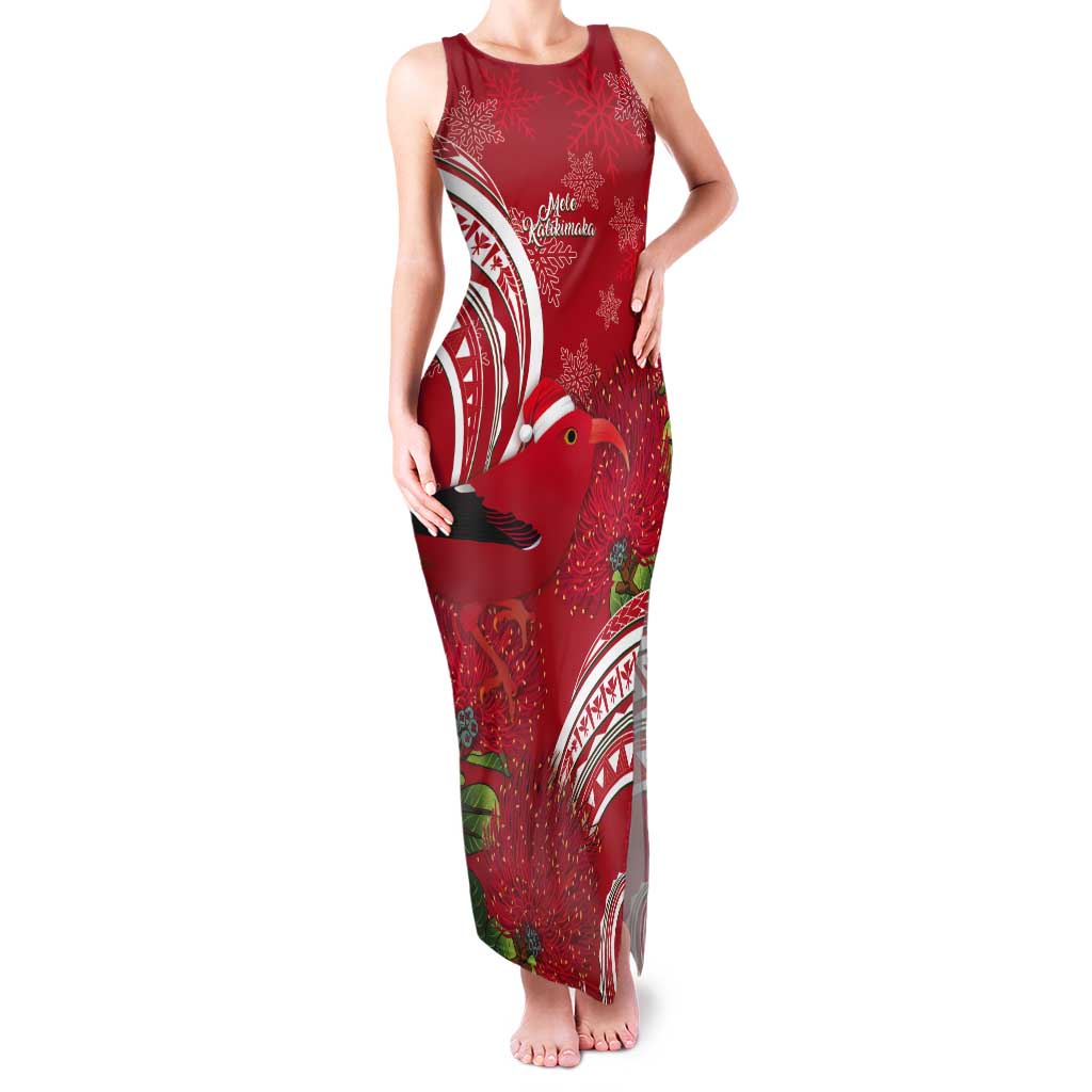 Personalized Mele Kalikimaka Hawaii Tank Maxi Dress I'iwi Bird With Ohia Lehua - Red Color