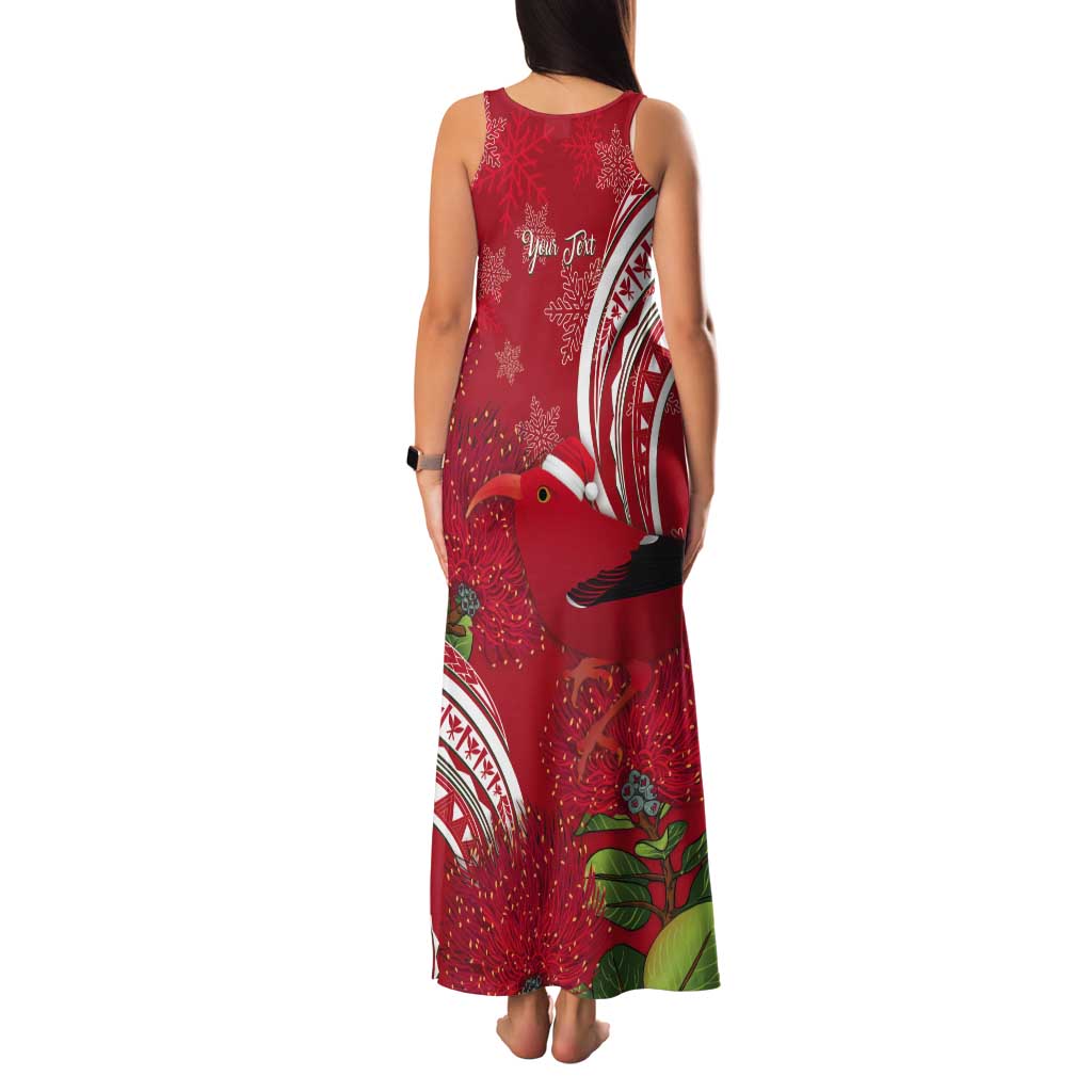 Personalized Mele Kalikimaka Hawaii Tank Maxi Dress I'iwi Bird With Ohia Lehua - Red Color
