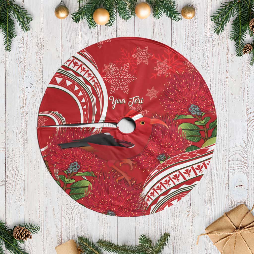 Personalized Mele Kalikimaka Hawaii Tree Skirt I'iwi Bird With Ohia Lehua - Red Color