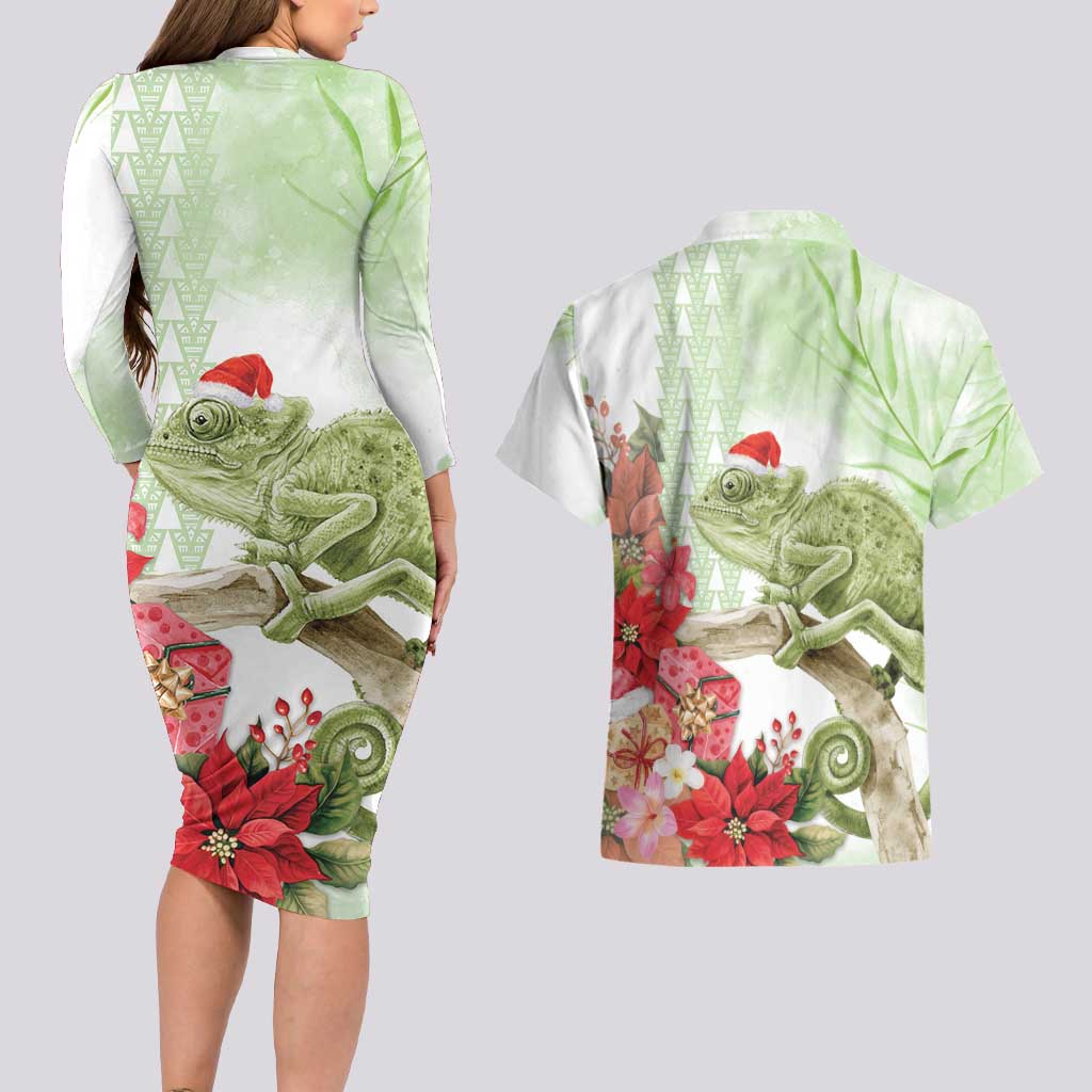 Pastel Green Hawaii Chameleon Christmas Couples Matching Long Sleeve Bodycon Dress and Hawaiian Shirt Mele Kalikimaka Kakau - Watercolor