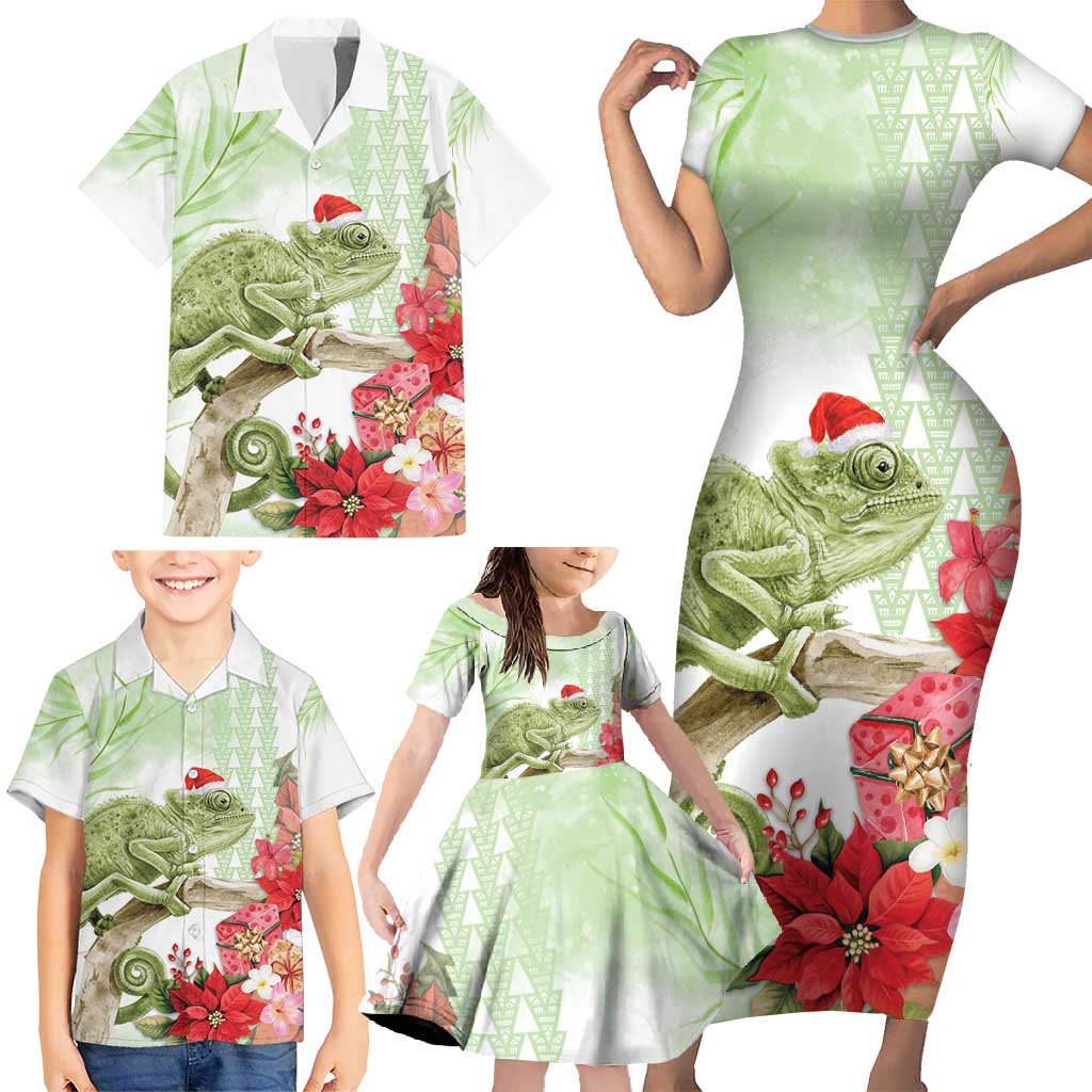 Pastel Green Hawaii Chameleon Christmas Family Matching Short Sleeve Bodycon Dress and Hawaiian Shirt Mele Kalikimaka Kakau - Watercolor