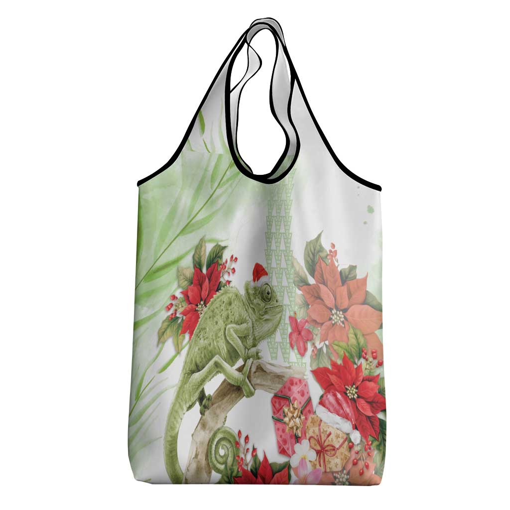 Pastel Green Hawaii Chameleon Christmas Grocery Bag Mele Kalikimaka Kakau - Watercolor