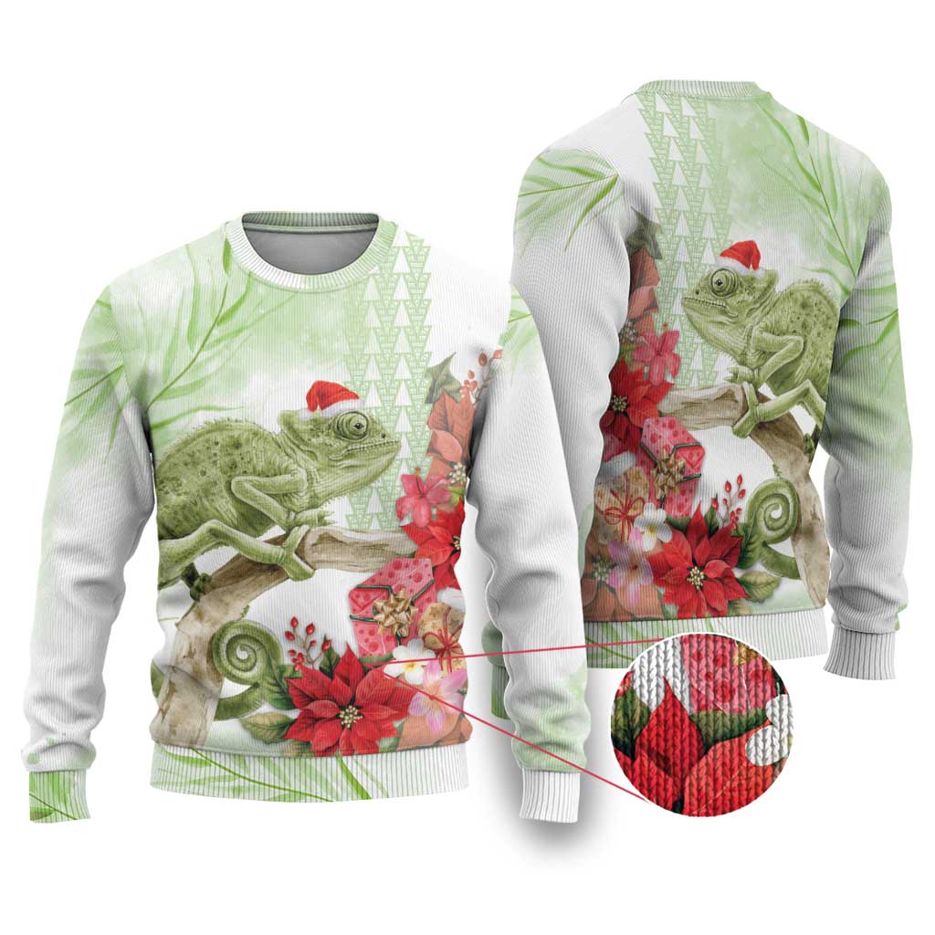 Pastel Green Hawaii Chameleon Christmas Ugly Christmas Sweater Mele Kalikimaka Kakau - Watercolor