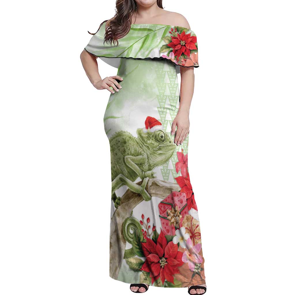 Pastel Green Hawaii Chameleon Christmas Off Shoulder Maxi Dress Mele Kalikimaka Kakau - Watercolor LT14 Women Green - Polynesian Pride