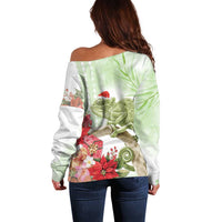 Pastel Green Hawaii Chameleon Christmas Off Shoulder Sweater Mele Kalikimaka Kakau - Watercolor