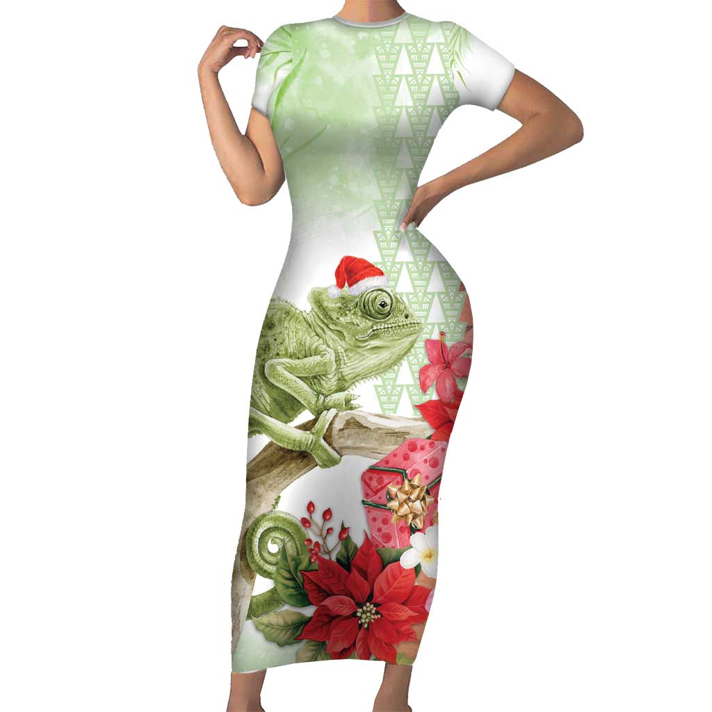 Pastel Green Hawaii Chameleon Christmas Short Sleeve Bodycon Dress Mele Kalikimaka Kakau - Watercolor