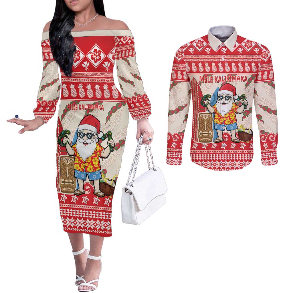 Hawaii Christmas Six Seven Couples Matching Off The Shoulder Long Sleeve Dress and Long Sleeve Button Shirt Mele Kalikimaka Funny Santa 67 Gen Alpha Slang - Polynesian Pride