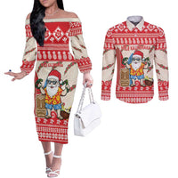 Hawaii Christmas Six Seven Couples Matching Off The Shoulder Long Sleeve Dress and Long Sleeve Button Shirt Mele Kalikimaka Funny Santa 67 Gen Alpha Slang - Polynesian Pride