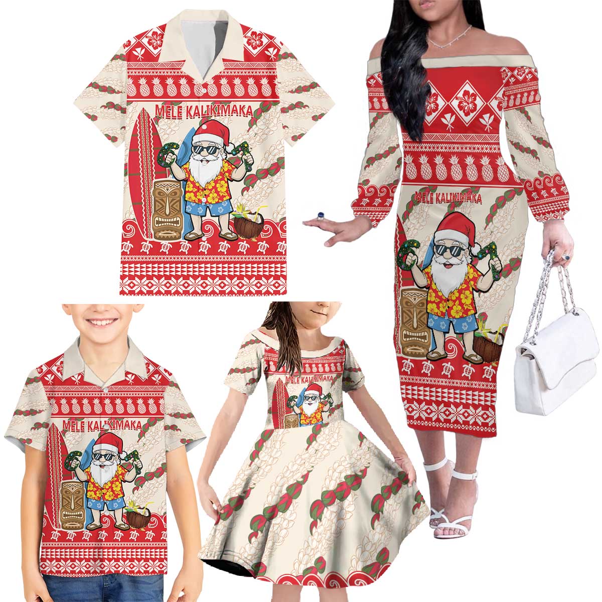 Hawaii Christmas Six Seven Family Matching Off The Shoulder Long Sleeve Dress and Hawaiian Shirt Mele Kalikimaka Funny Santa 67 Gen Alpha Slang - Polynesian Pride