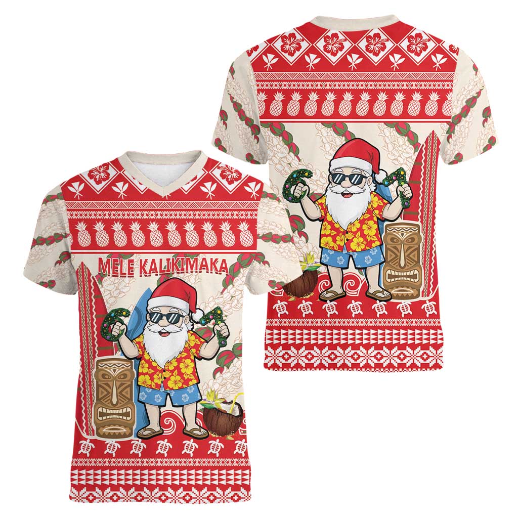 Hawaii Christmas Six Seven Women V-Neck T-Shirt Mele Kalikimaka Funny Santa 67 Gen Alpha Slang - Polynesian Pride