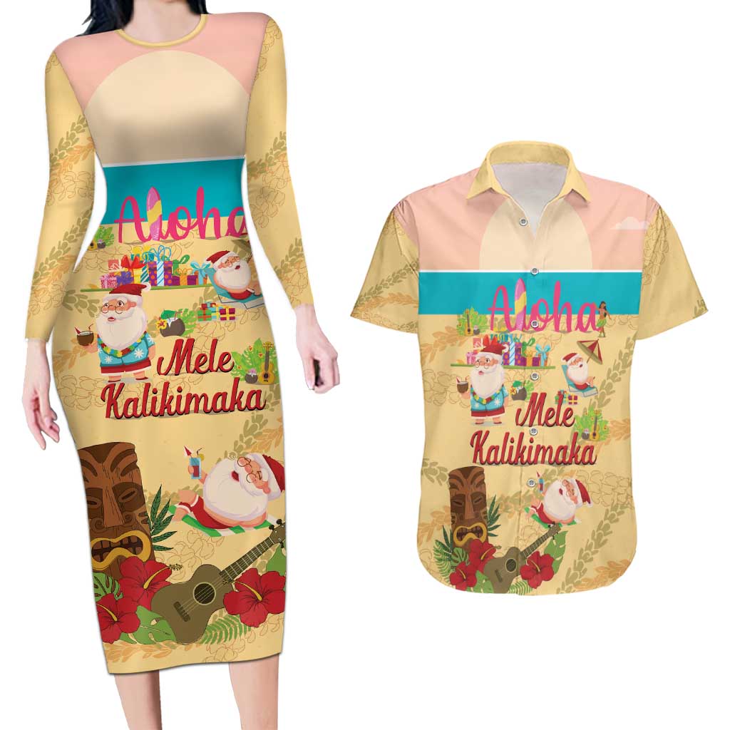 Aloha Hawaii Mele Kalikimaka Couples Matching Long Sleeve Bodycon Dress and Hawaiian Shirt Beachy Funny Santa Hawaiian Lei - Polynesian Pride