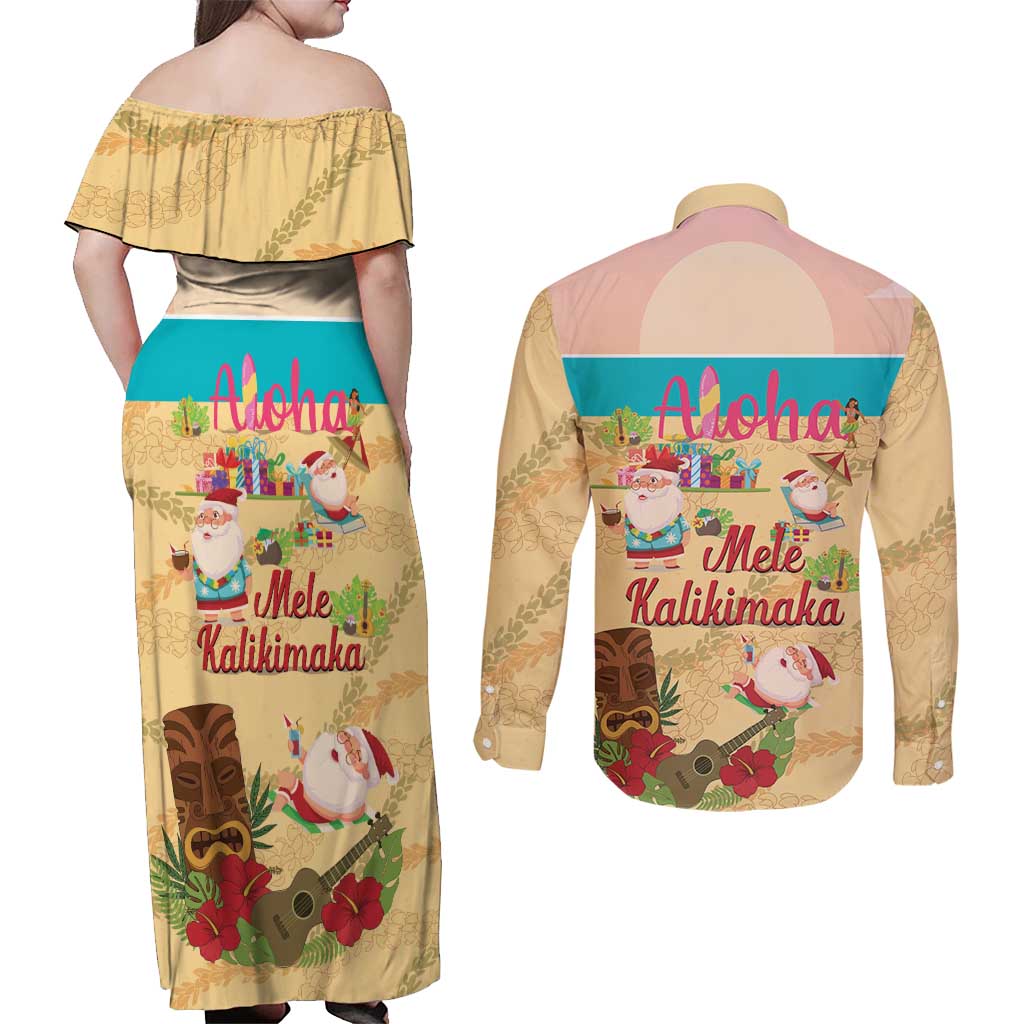 Aloha Hawaii Mele Kalikimaka Couples Matching Off Shoulder Maxi Dress and Long Sleeve Button Shirt Beachy Funny Santa Hawaiian Lei - Polynesian Pride