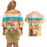 Aloha Hawaii Mele Kalikimaka Couples Matching Off Shoulder Short Dress and Hawaiian Shirt Beachy Funny Santa Hawaiian Lei - Polynesian Pride