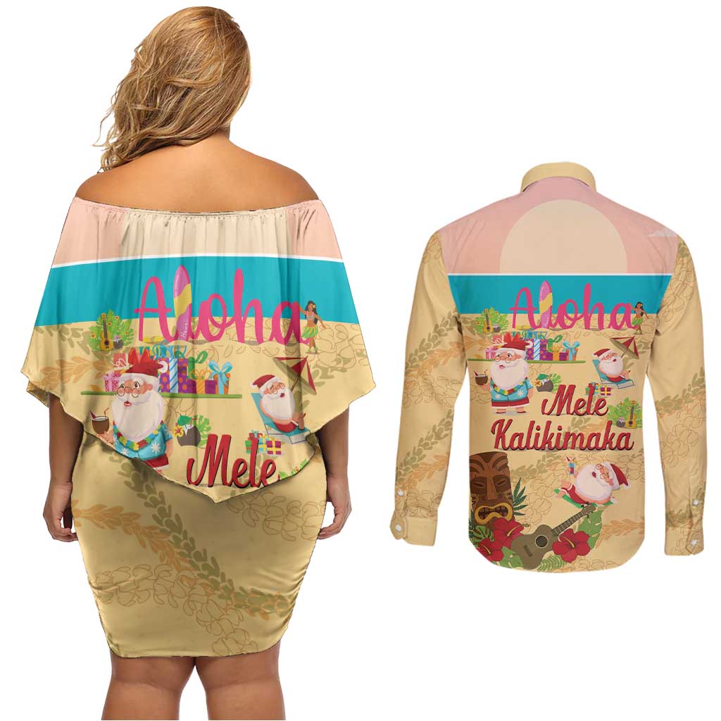 Aloha Hawaii Mele Kalikimaka Couples Matching Off Shoulder Short Dress and Long Sleeve Button Shirt Beachy Funny Santa Hawaiian Lei - Polynesian Pride
