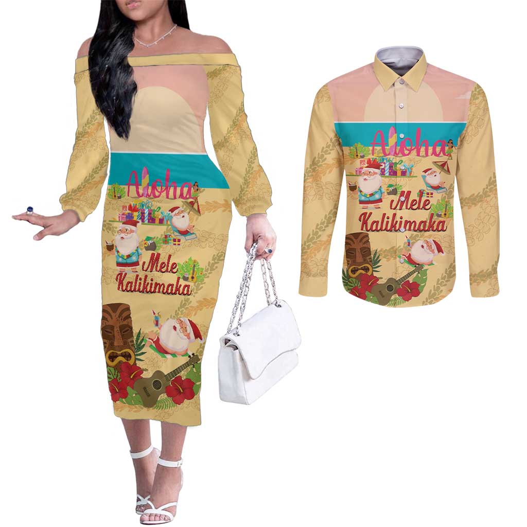 Aloha Hawaii Mele Kalikimaka Couples Matching Off The Shoulder Long Sleeve Dress and Long Sleeve Button Shirt Beachy Funny Santa Hawaiian Lei - Polynesian Pride
