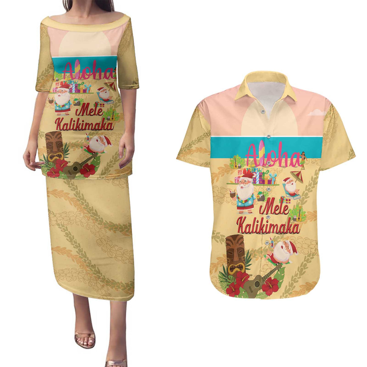 Aloha Hawaii Mele Kalikimaka Couples Matching Puletasi and Hawaiian Shirt Beachy Funny Santa Hawaiian Lei - Polynesian Pride