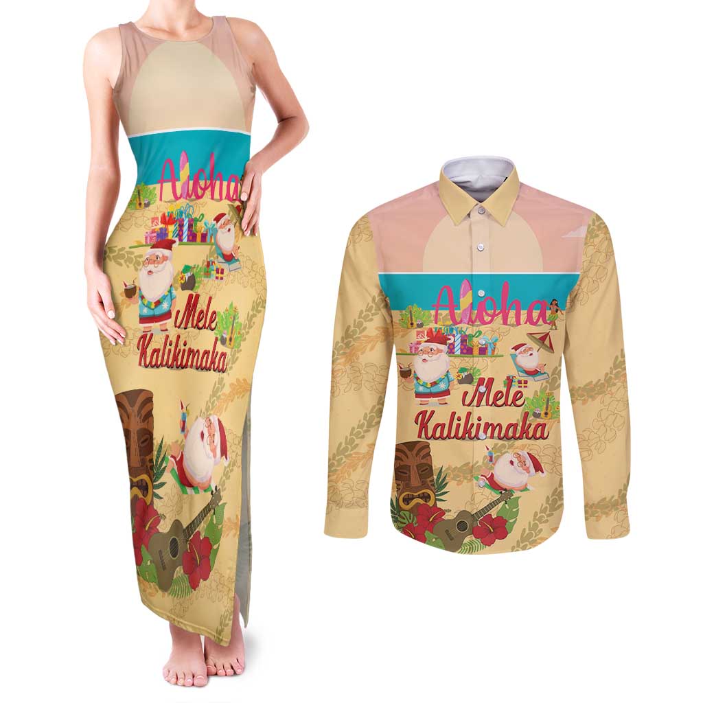 Aloha Hawaii Mele Kalikimaka Couples Matching Tank Maxi Dress and Long Sleeve Button Shirt Beachy Funny Santa Hawaiian Lei - Polynesian Pride