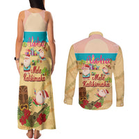 Aloha Hawaii Mele Kalikimaka Couples Matching Tank Maxi Dress and Long Sleeve Button Shirt Beachy Funny Santa Hawaiian Lei - Polynesian Pride