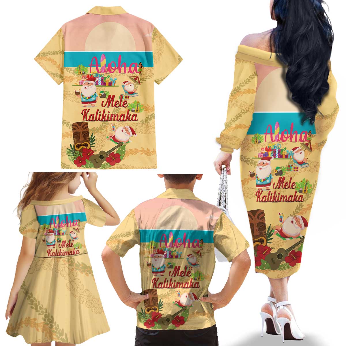 Aloha Hawaii Mele Kalikimaka Family Matching Off The Shoulder Long Sleeve Dress and Hawaiian Shirt Beachy Funny Santa Hawaiian Lei - Polynesian Pride