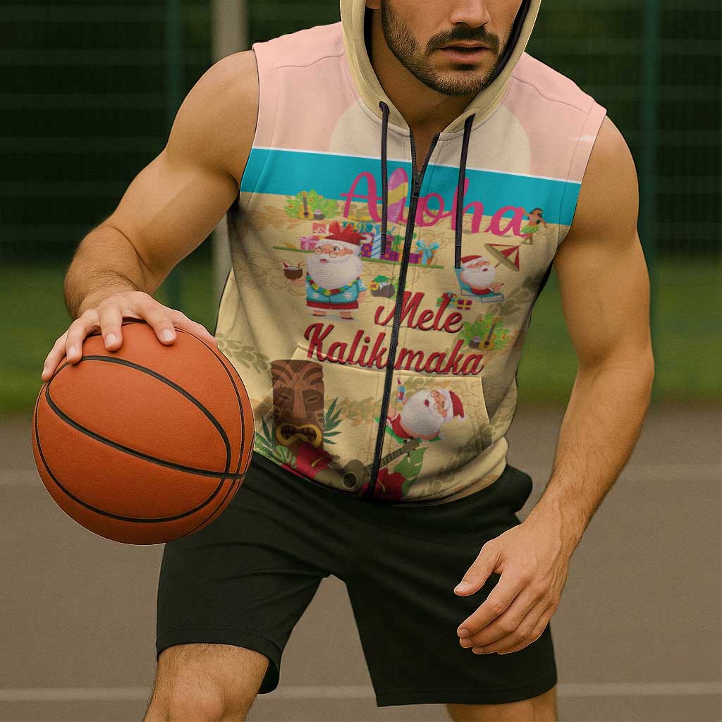 Aloha Hawaii Mele Kalikimaka Sleeveless Zip Hoodie Beachy Funny Santa Hawaiian Lei LT14 - Polynesian Pride