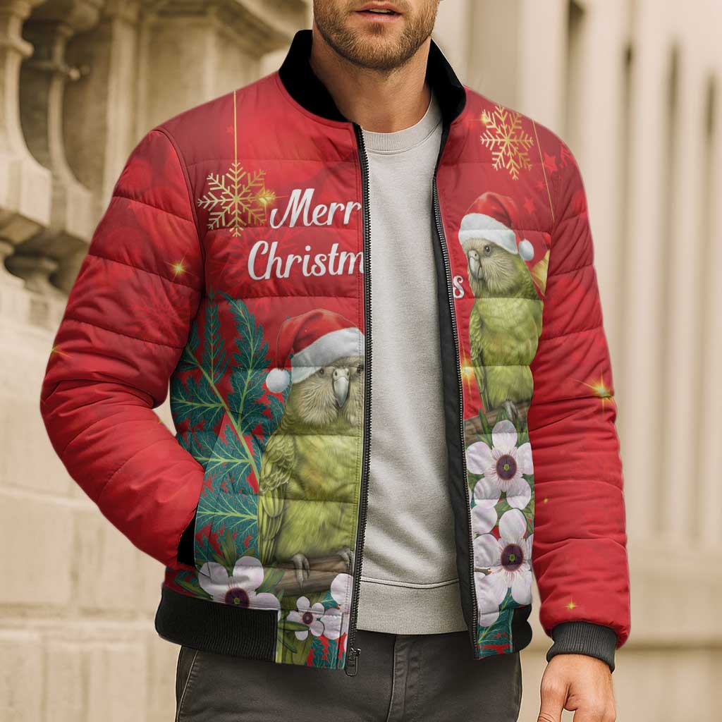 New Zealand Kakapo Christmas Bomber Puffer Jacket Owl Parrot Santa Sliver Fern Manuka - Red - Polynesian Pride