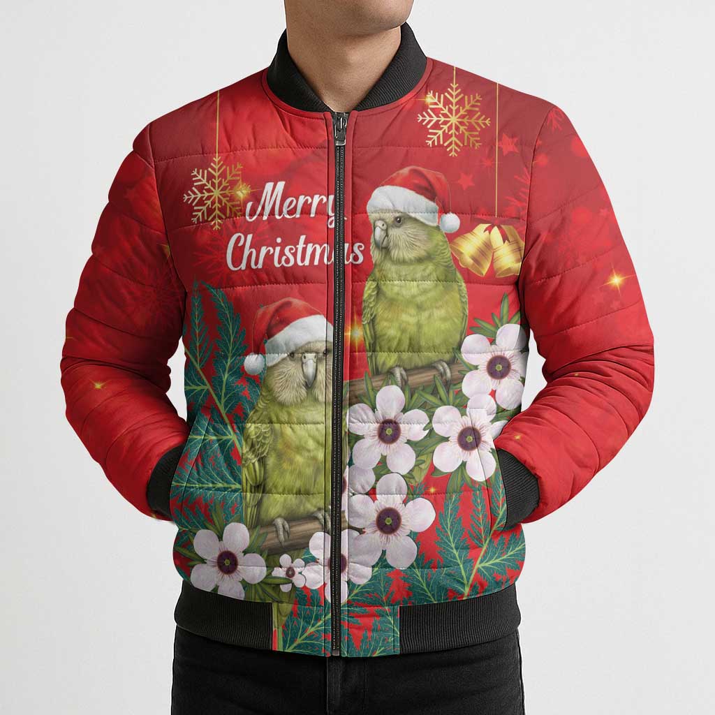 New Zealand Kakapo Christmas Bomber Puffer Jacket Owl Parrot Santa Sliver Fern Manuka - Red - Polynesian Pride