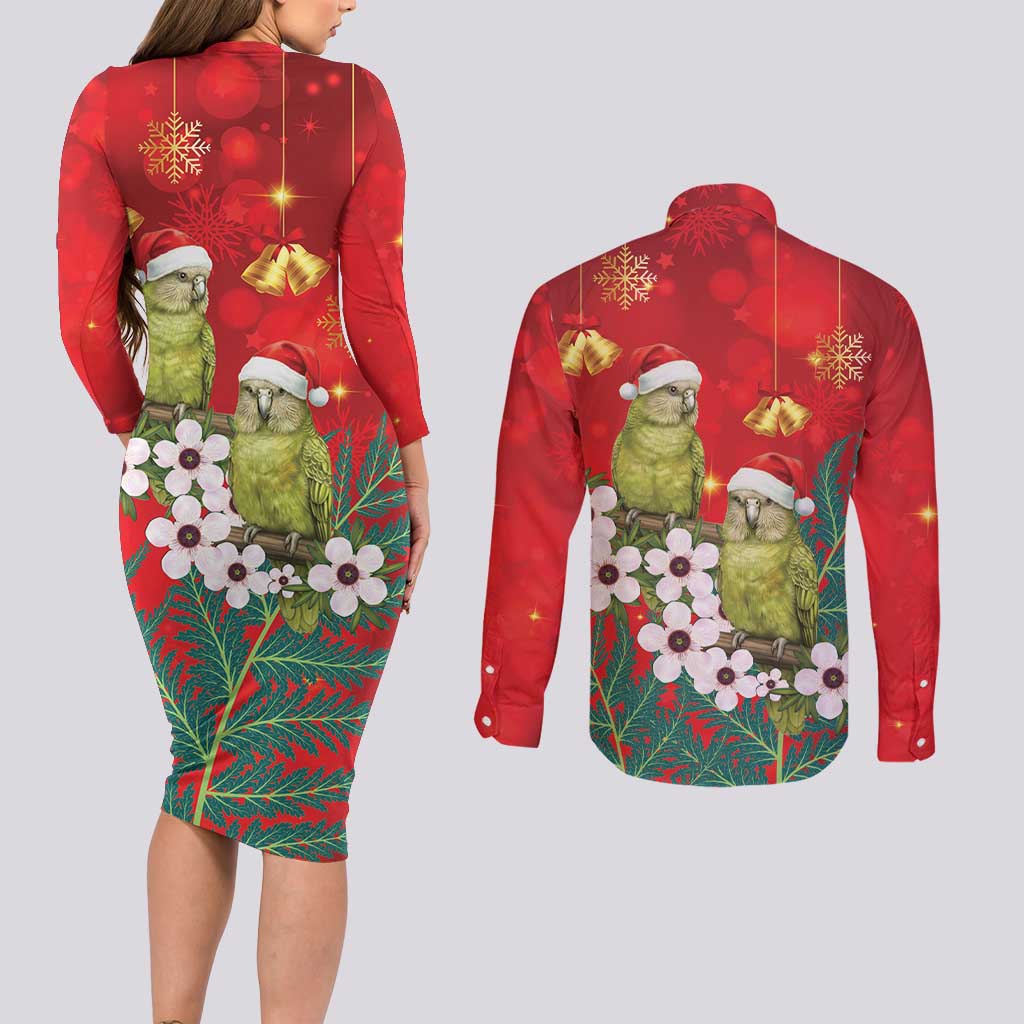 New Zealand Kakapo Christmas Couples Matching Long Sleeve Bodycon Dress and Long Sleeve Button Shirt Owl Parrot Santa Sliver Fern Manuka - Red - Polynesian Pride